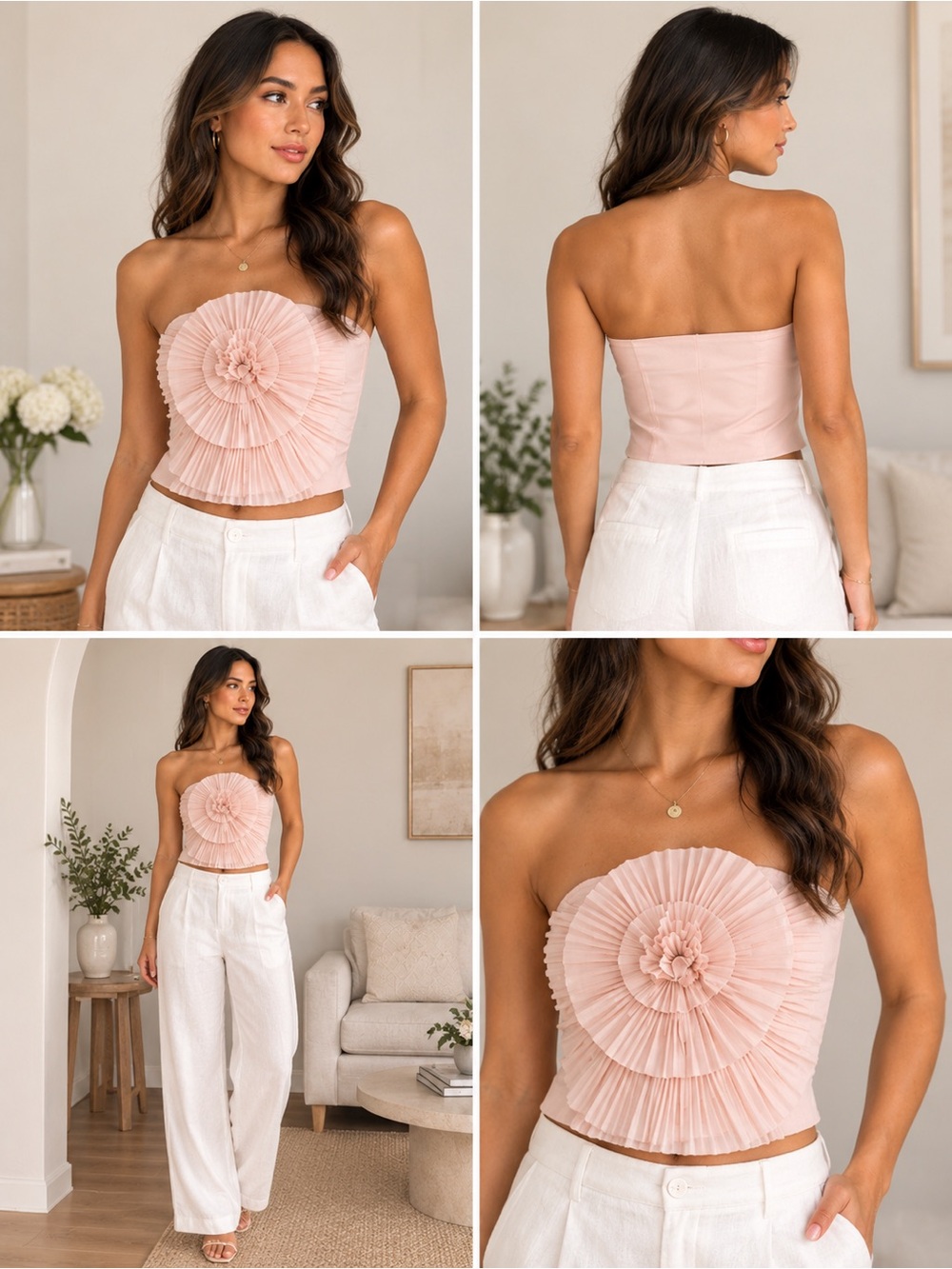 Coquette Balletcore Tan Rosette Strapless Crop Top SHEIN